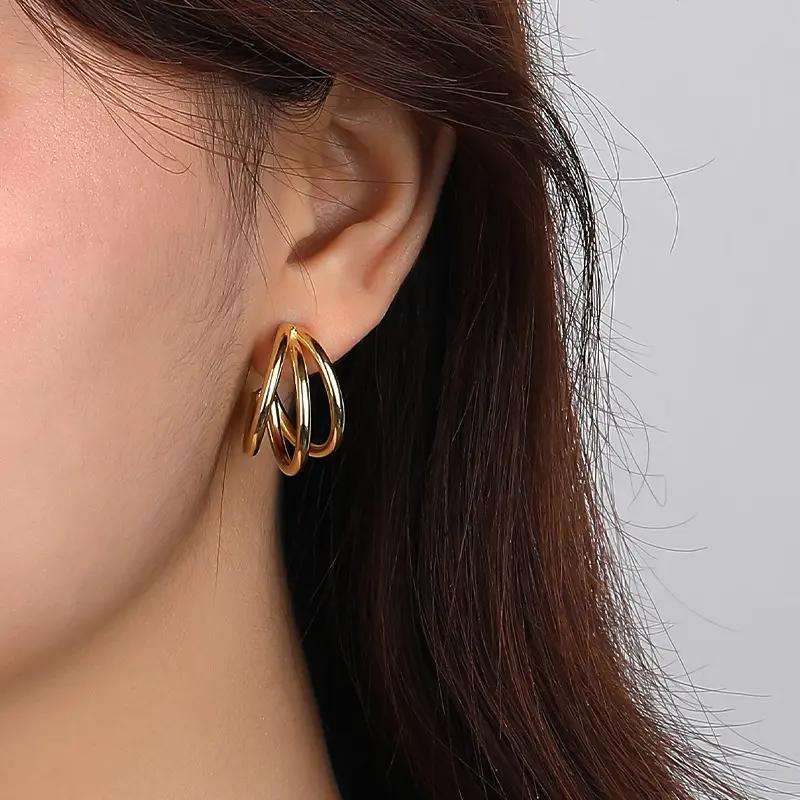925 Sterling Silver Gold Plated Multi Hoop Stud Earrings