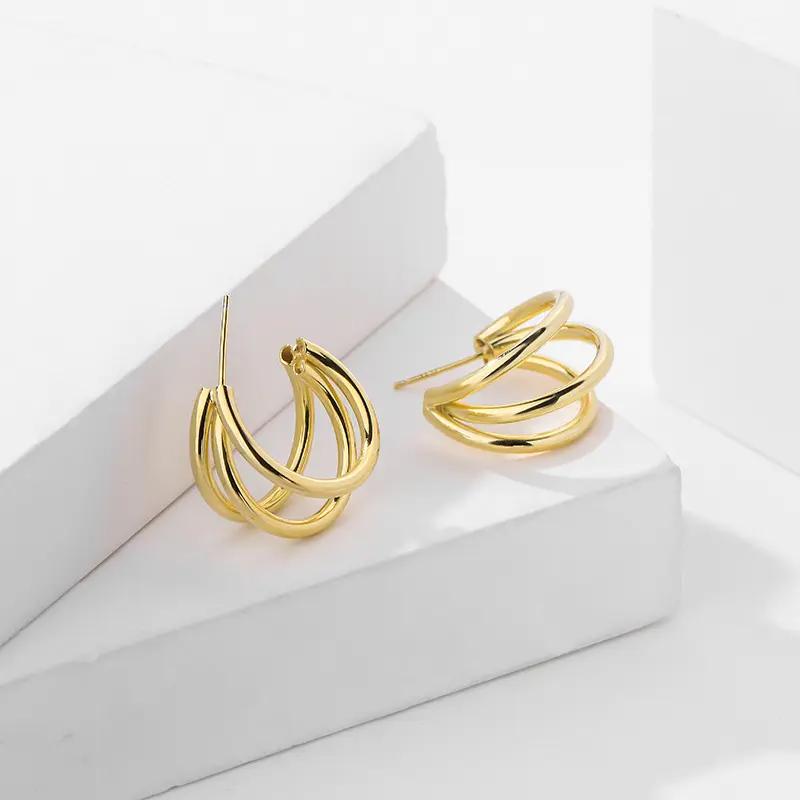 925 Sterling Silver Gold Plated Multi Hoop Stud Earrings