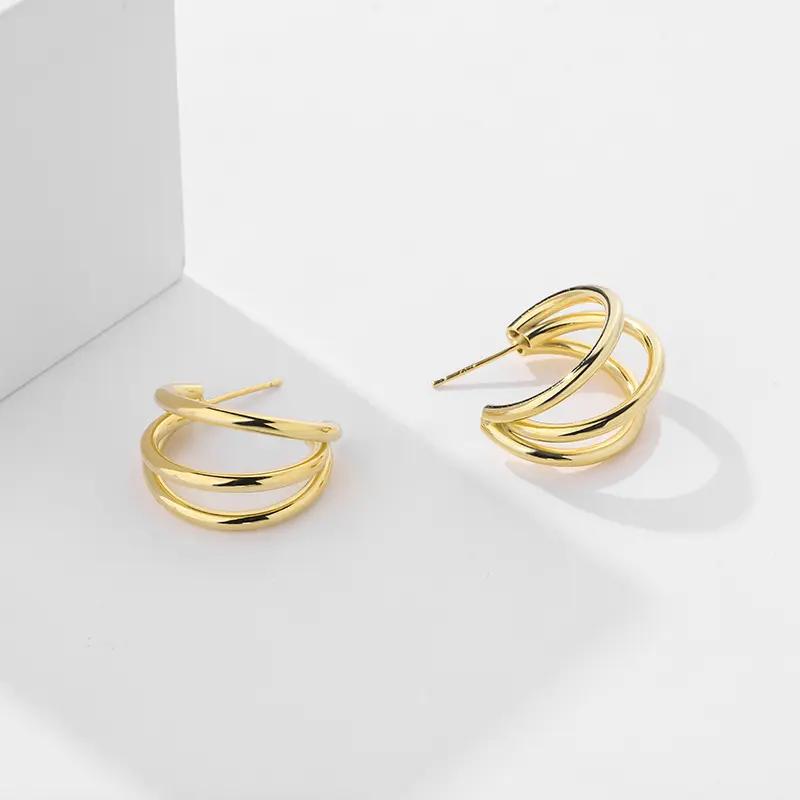 925 Sterling Silver Gold Plated Multi Hoop Stud Earrings